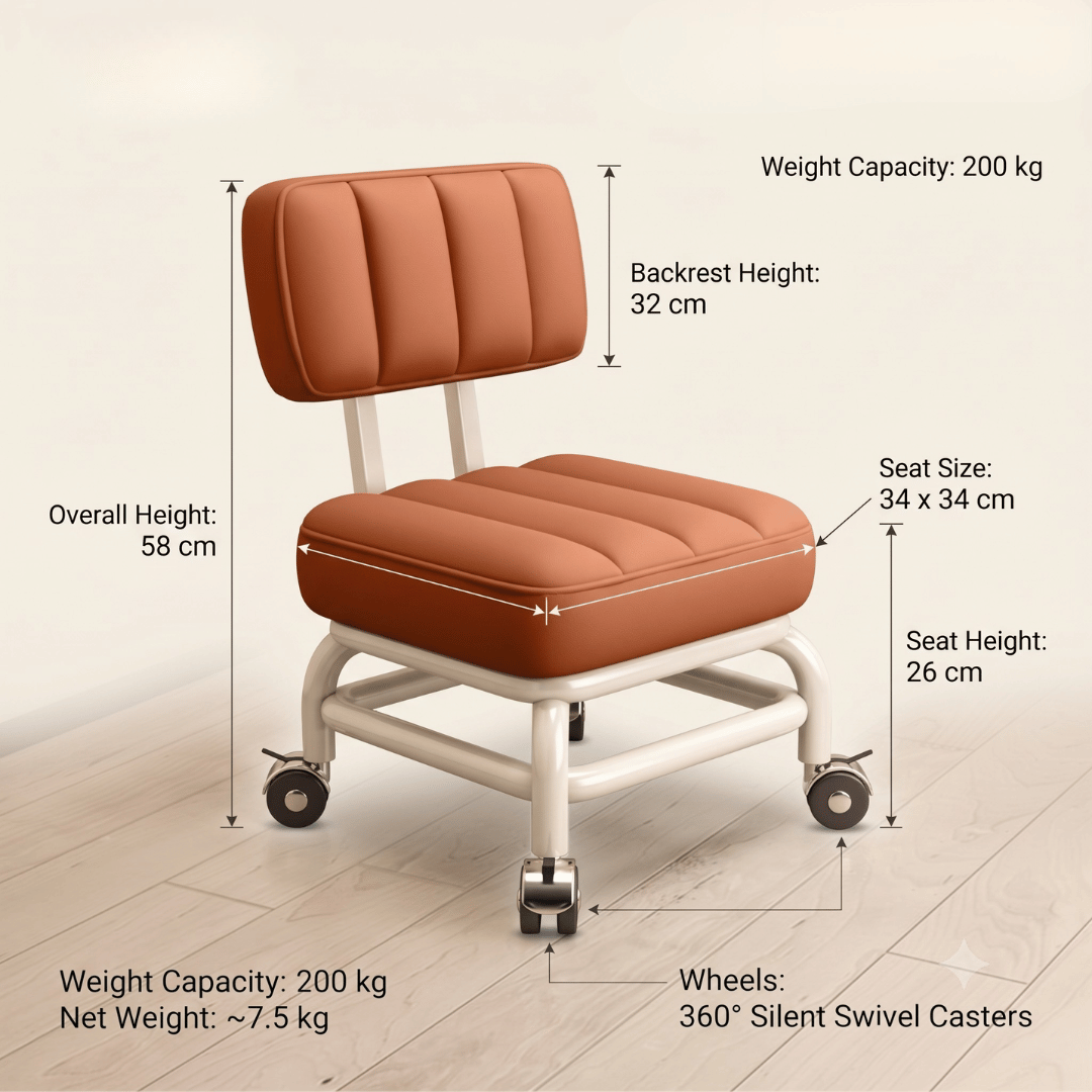 PU Leather Back Support Rolling Stool with 360° Swivel Wheels