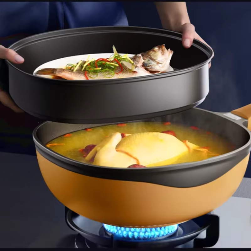 Titanium Coated Double Layer Non-Stick Wok Frying Pan with Steamer