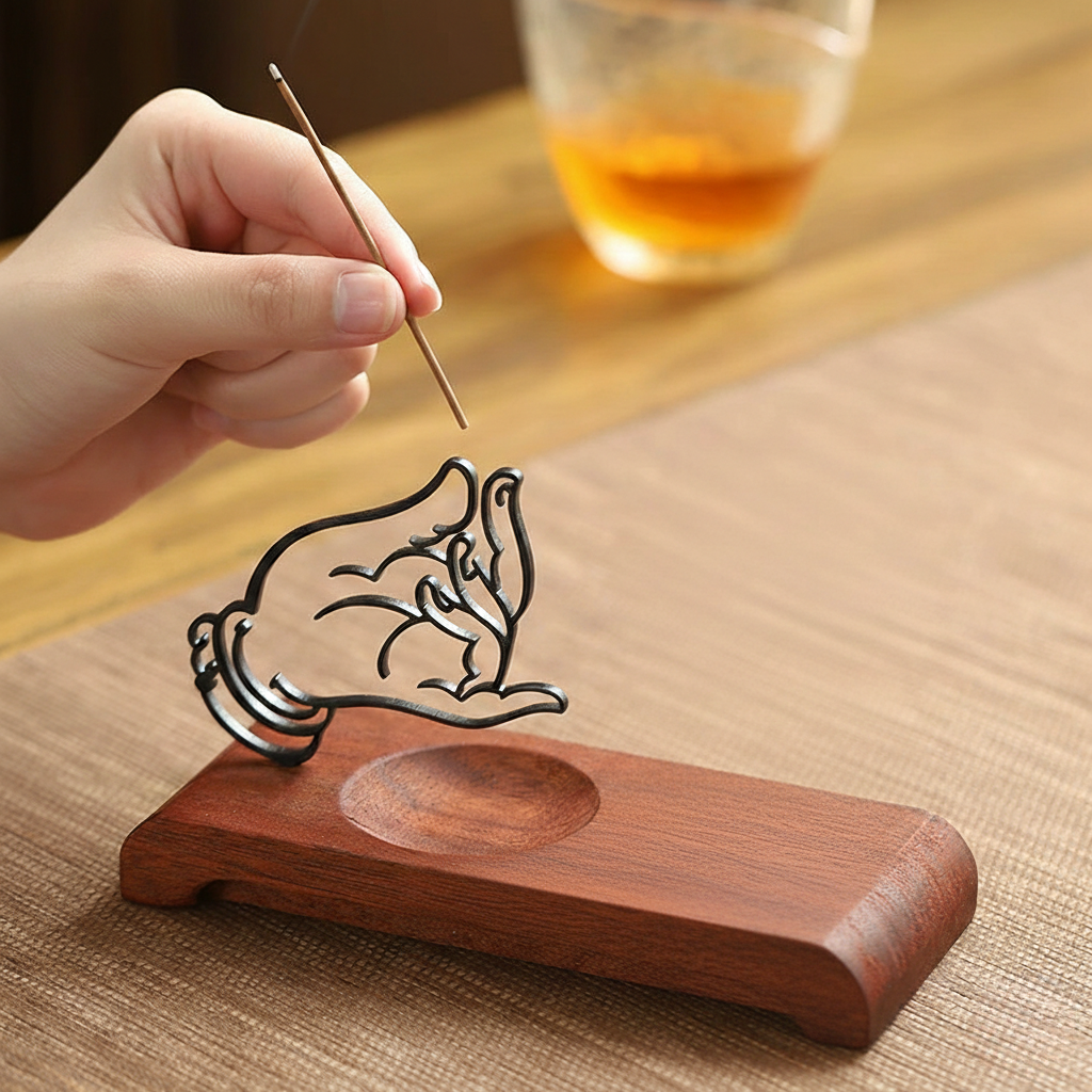 Homero Wooden Base Zen Metal Hand Incense Holder - 16cm