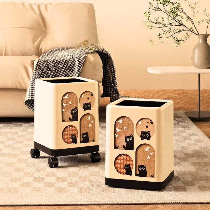 Cute Cat Print Multipurpose Trash Bin with Wheels 15L
