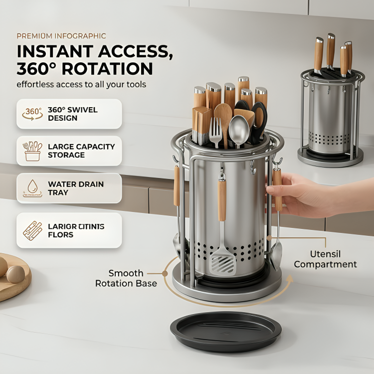 360° Rotating Kitchen Knife Holder with Drain Tray