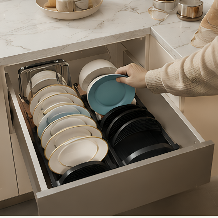 Adjustable Cabinet Pull Out Dish Organizer Basket