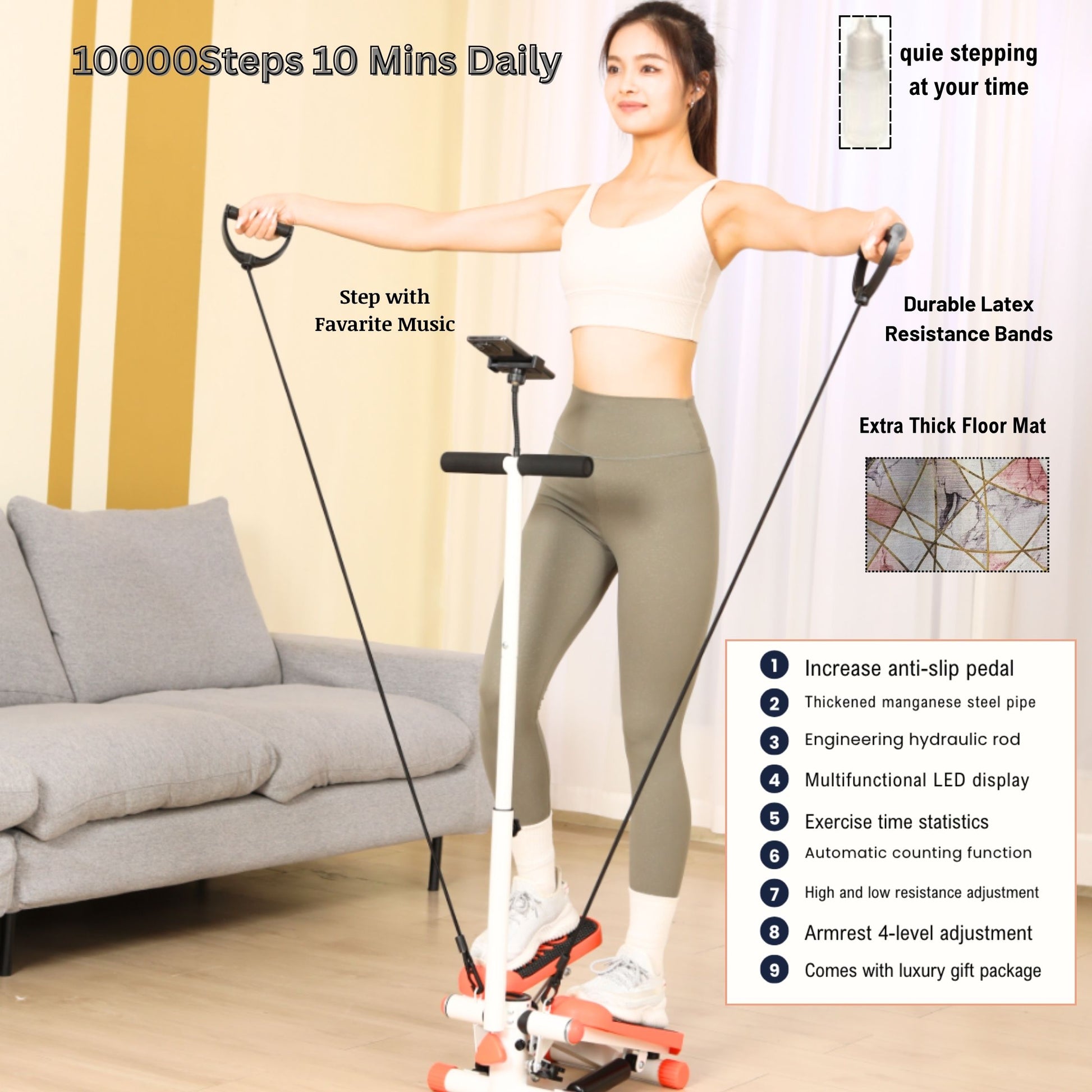 Homero Mini Fitness Stepper Machine with Adjustable Resistance Bands and LCD Display
