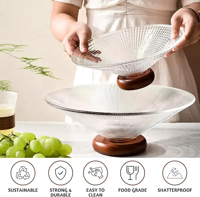 Homero Elegant Multi-Use Fruit Bowl with Pedestal Stand - 25cm Glass Wood