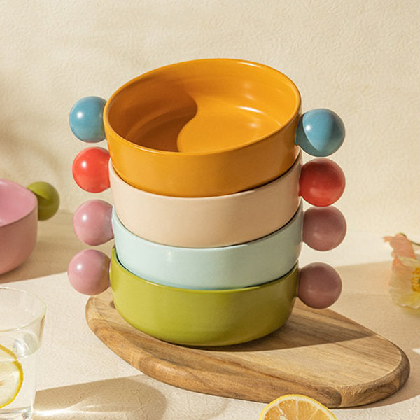 Beaded Double Handle Ceramic Bowl (Set of 4-Multi Colour)
