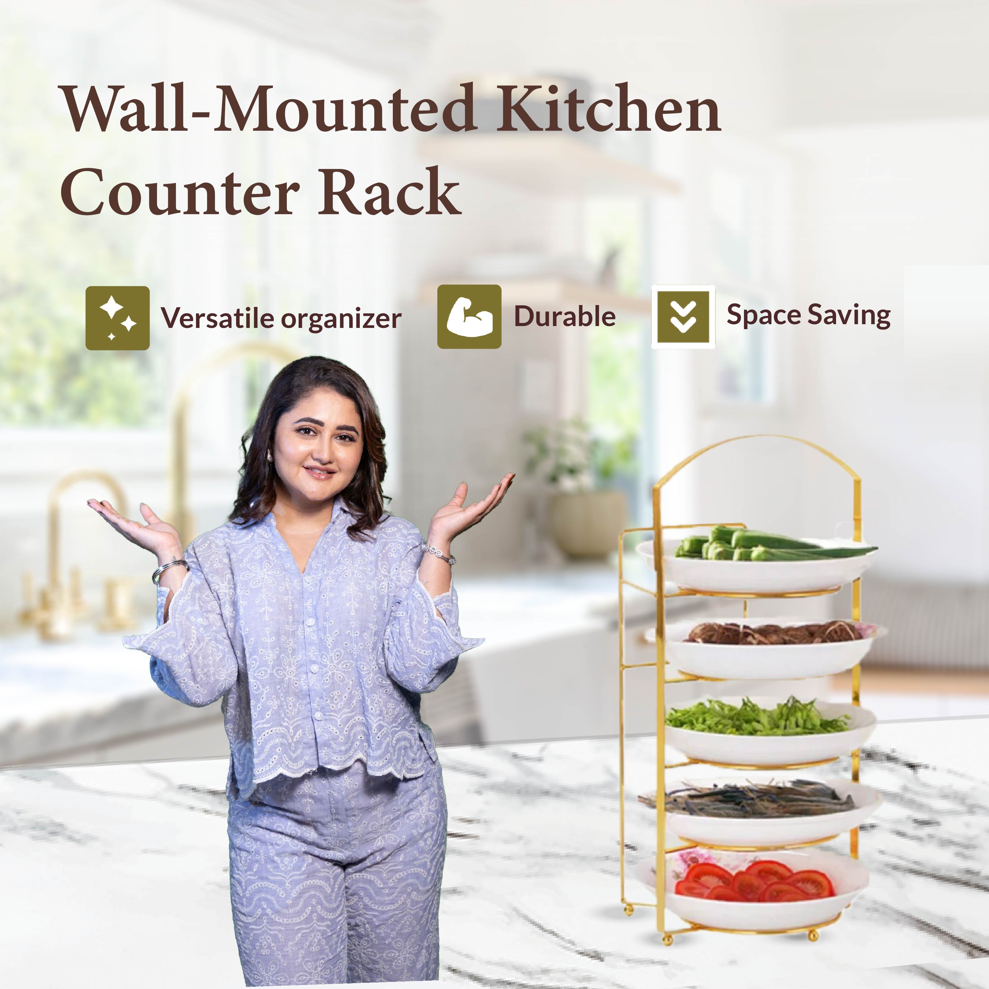 Homero Multipurpose Space-Saving Kitchen Counter Shelf with Elegant Gold Finish - 5 Tier