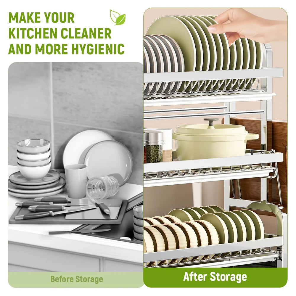 3 Layer Stainless Steel Dish Drying Rack Organizer with Removable Water Tray