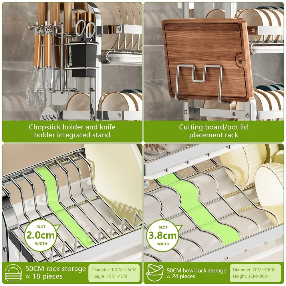 3 Layer Stainless Steel Dish Drying Rack Organizer with Removable Water Tray