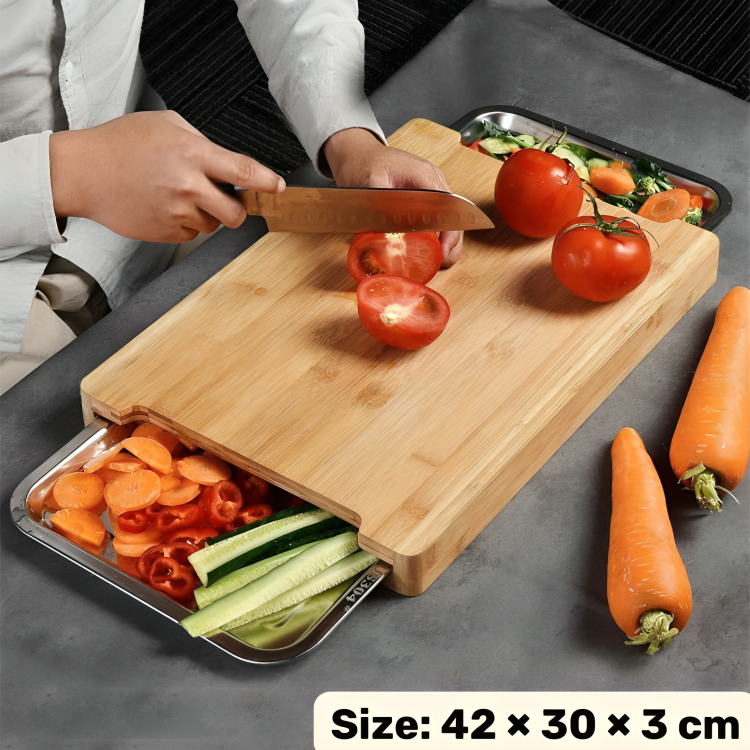 Multi Purpose Bamboo Chopping Board with Dual Steel Containers
