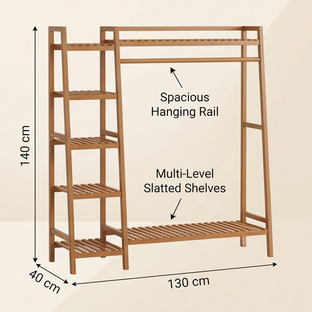 Multi-Functional Bamboo Ladder Open Wardrobe Garment Rack with Clothes Rail