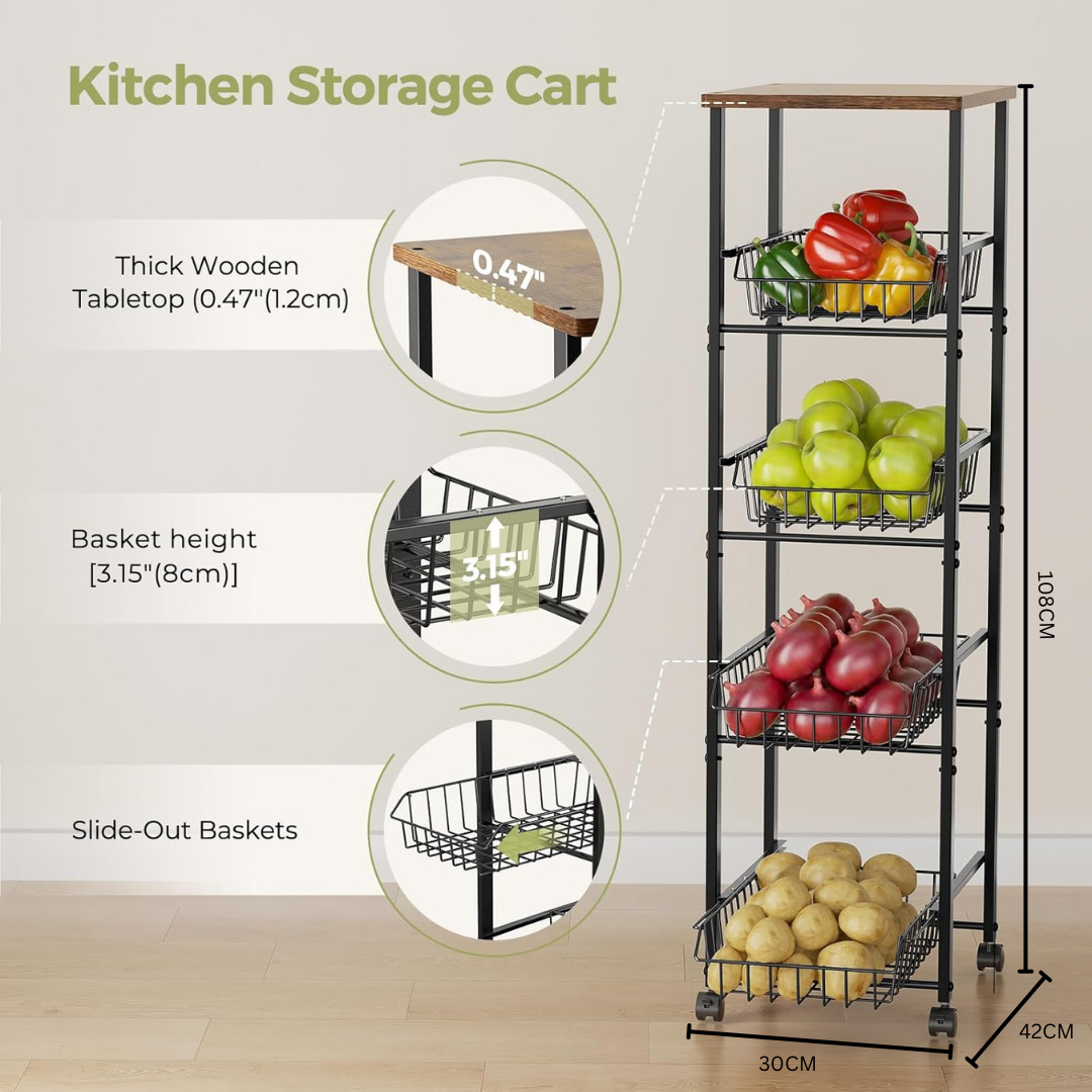 HOMERO 5 Tier Design Multipurpose Kitchen Storage Cart with Wood Top