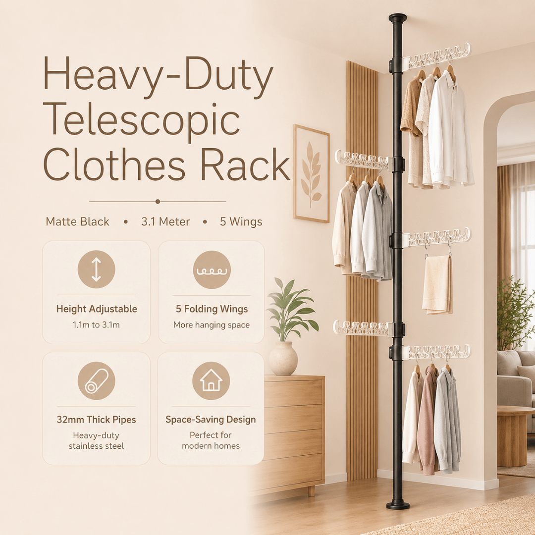 Homero Multi-Wing Heavy-Duty Telescopic Clothes Rack - Matte Black 3.1 Meter