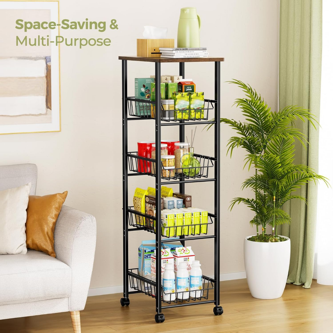 HOMERO 5 Tier Design Multipurpose Kitchen Storage Cart with Wood Top