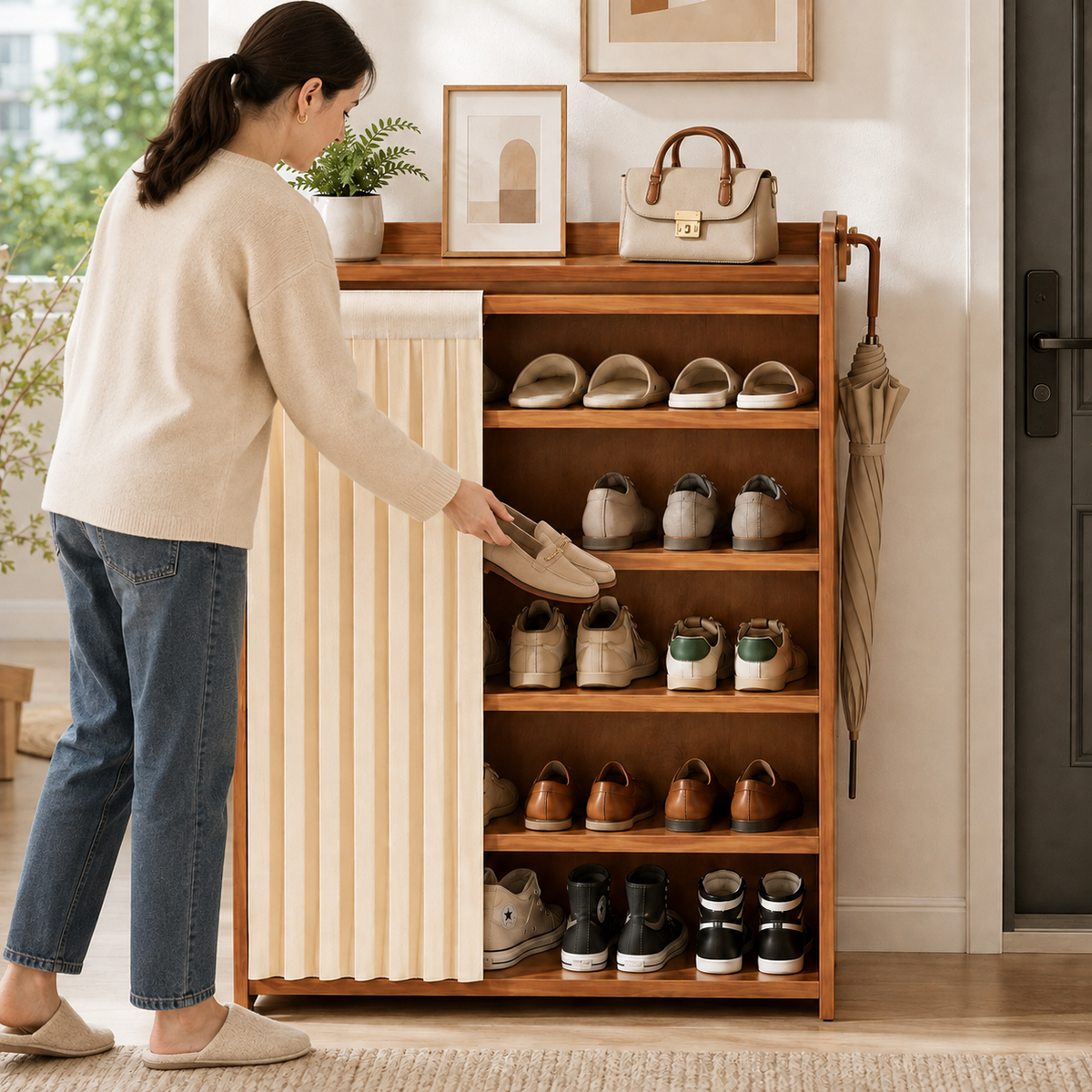 Multi Layer Bamboo Shoe Rack Cabinet with Dustproof Curtain