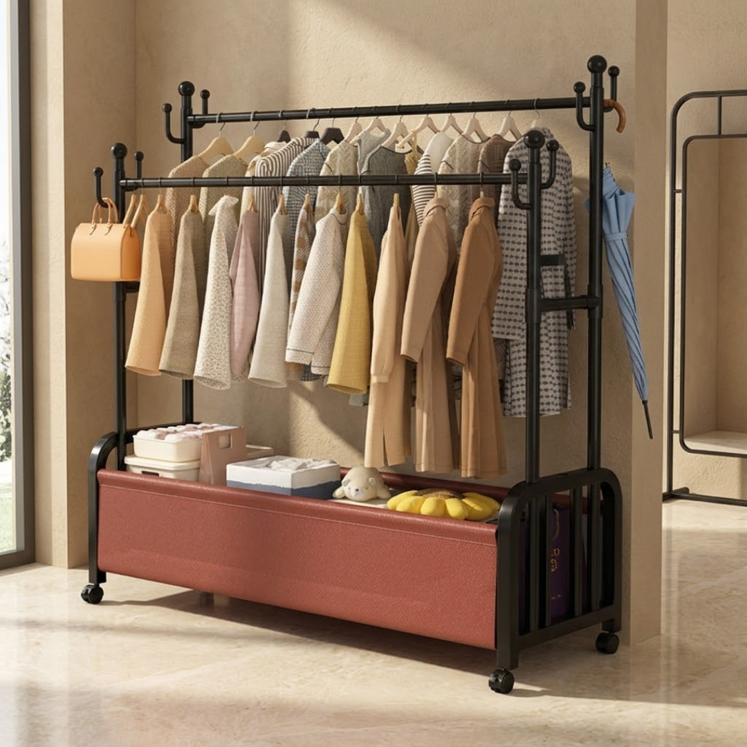 Multifunctional Tree Shaped Double Pole Garment Rack With Storage Basket