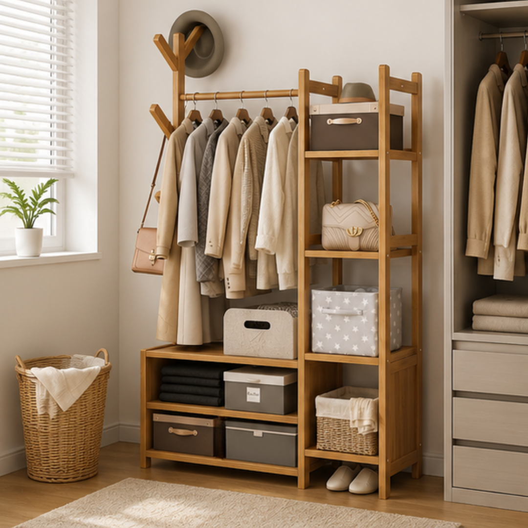 Multi Storage Bamboo Clothes Rack Open Wardrobe with Hanging Rail Shelves