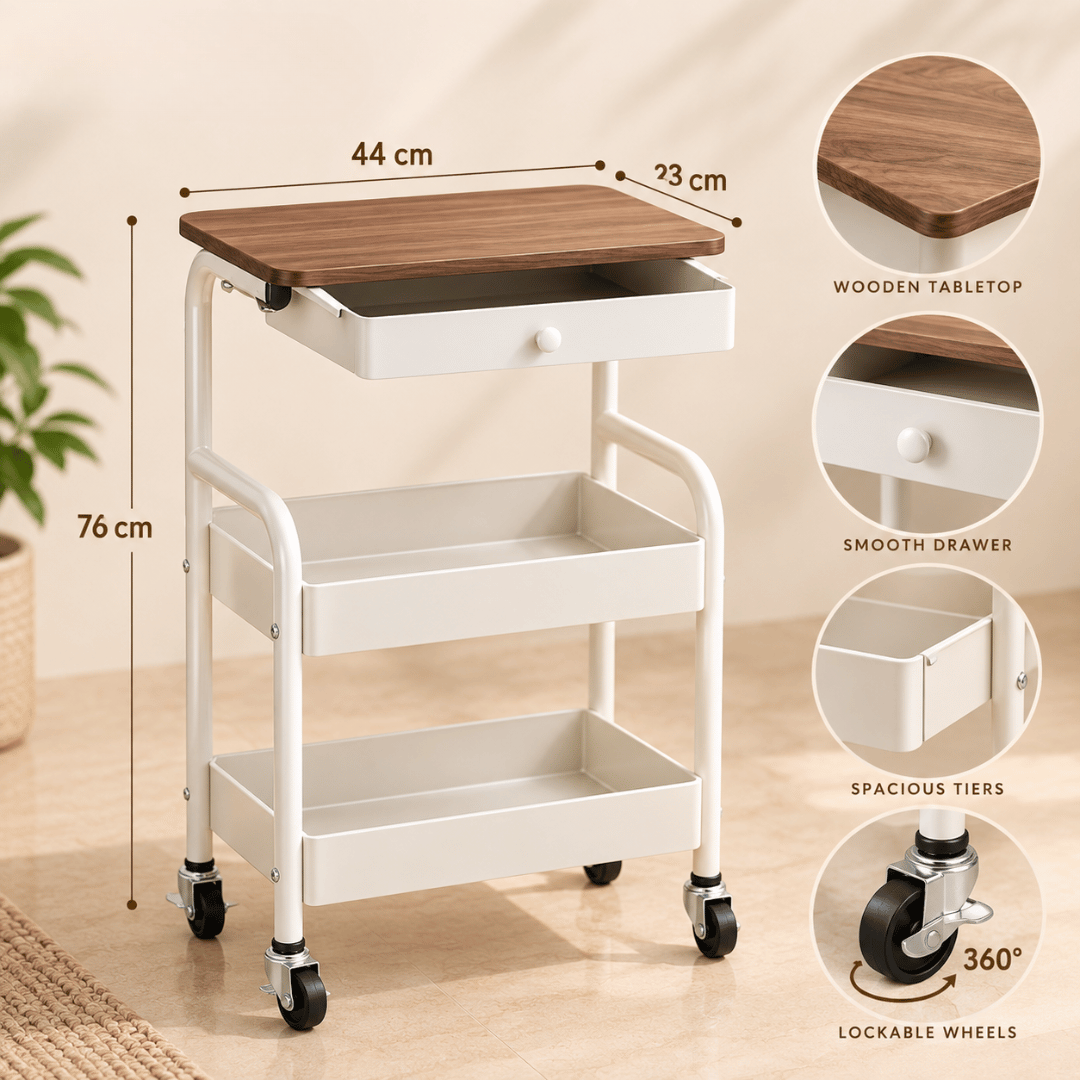 3-Tier Wooden Top Rolling Storage Trolley with Drawer and Wheels