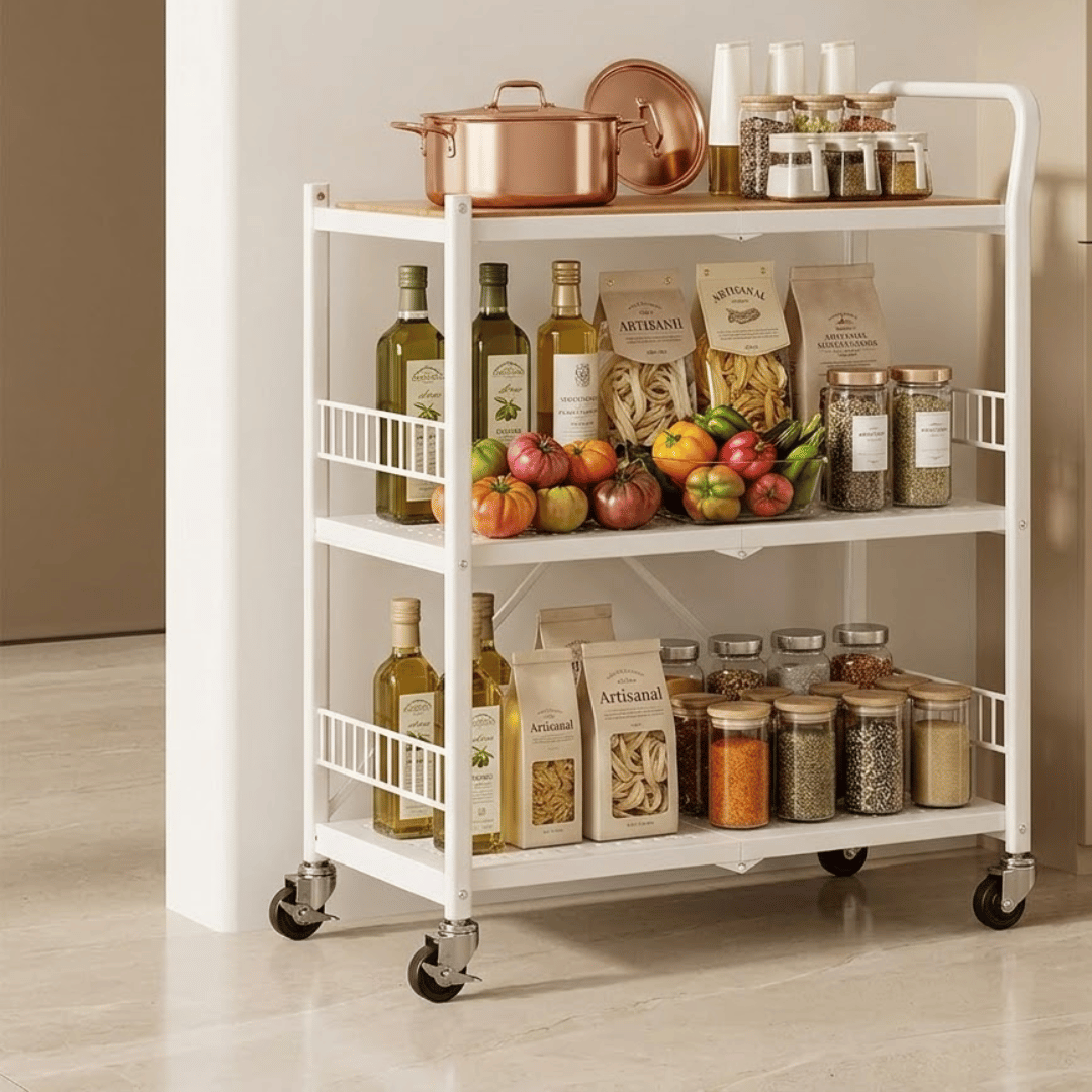 Multi-Purpose Foldable Kitchen Storage Shelf with Wheels