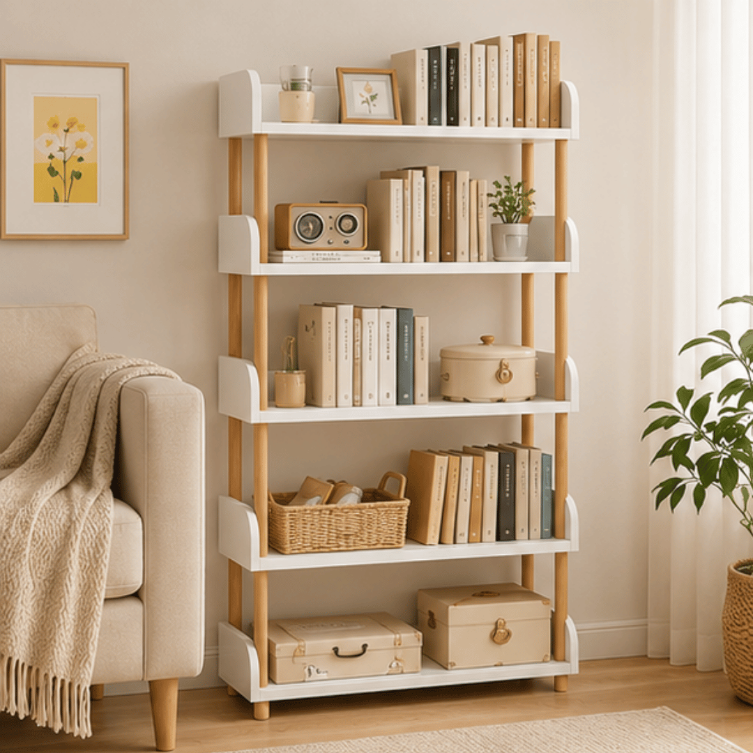 Elegant Floor Standing Display Shelf with Upright Storage and Beech Wood Legs