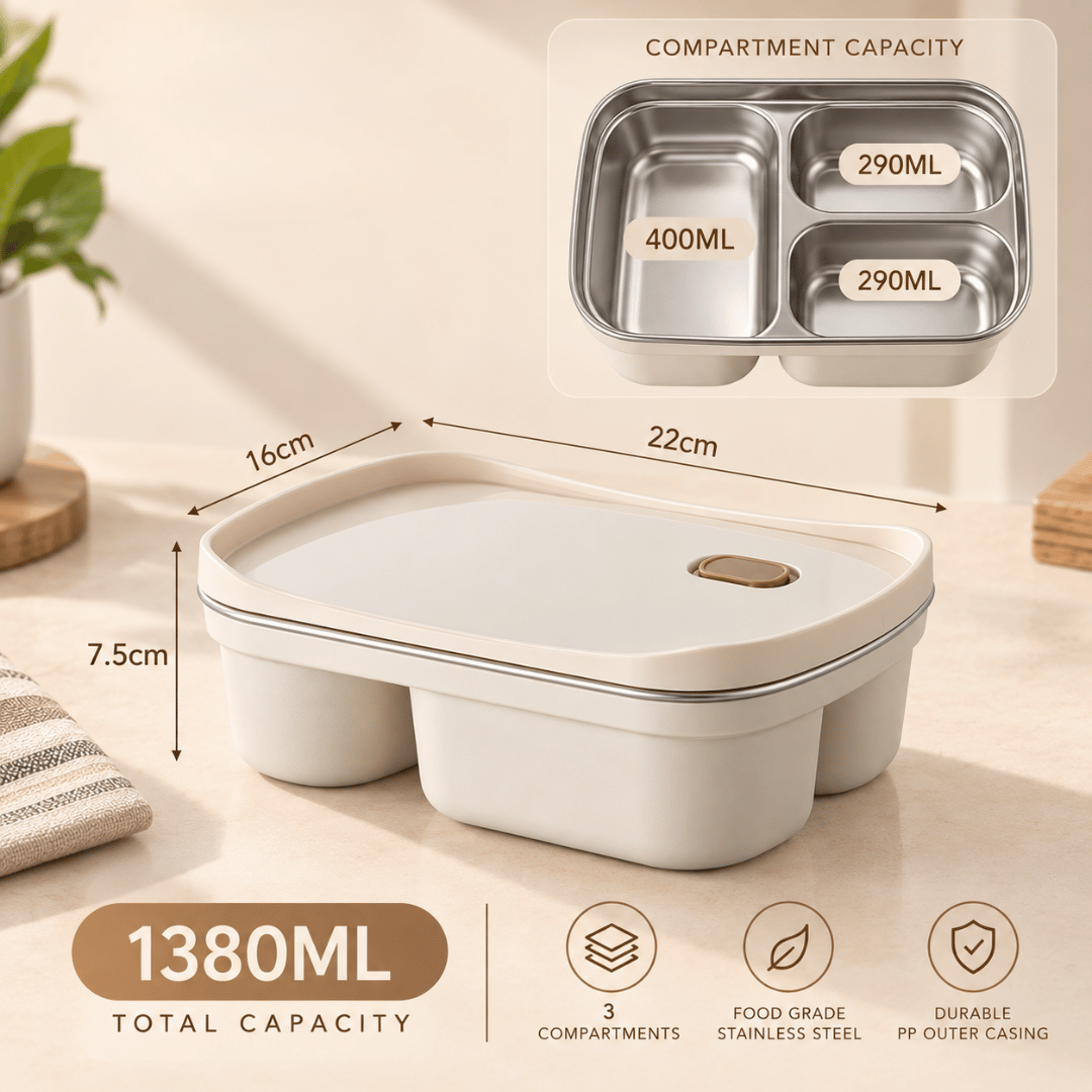 Microwave Safe 3-Compartment Stainless Steel Bento Lunch Box