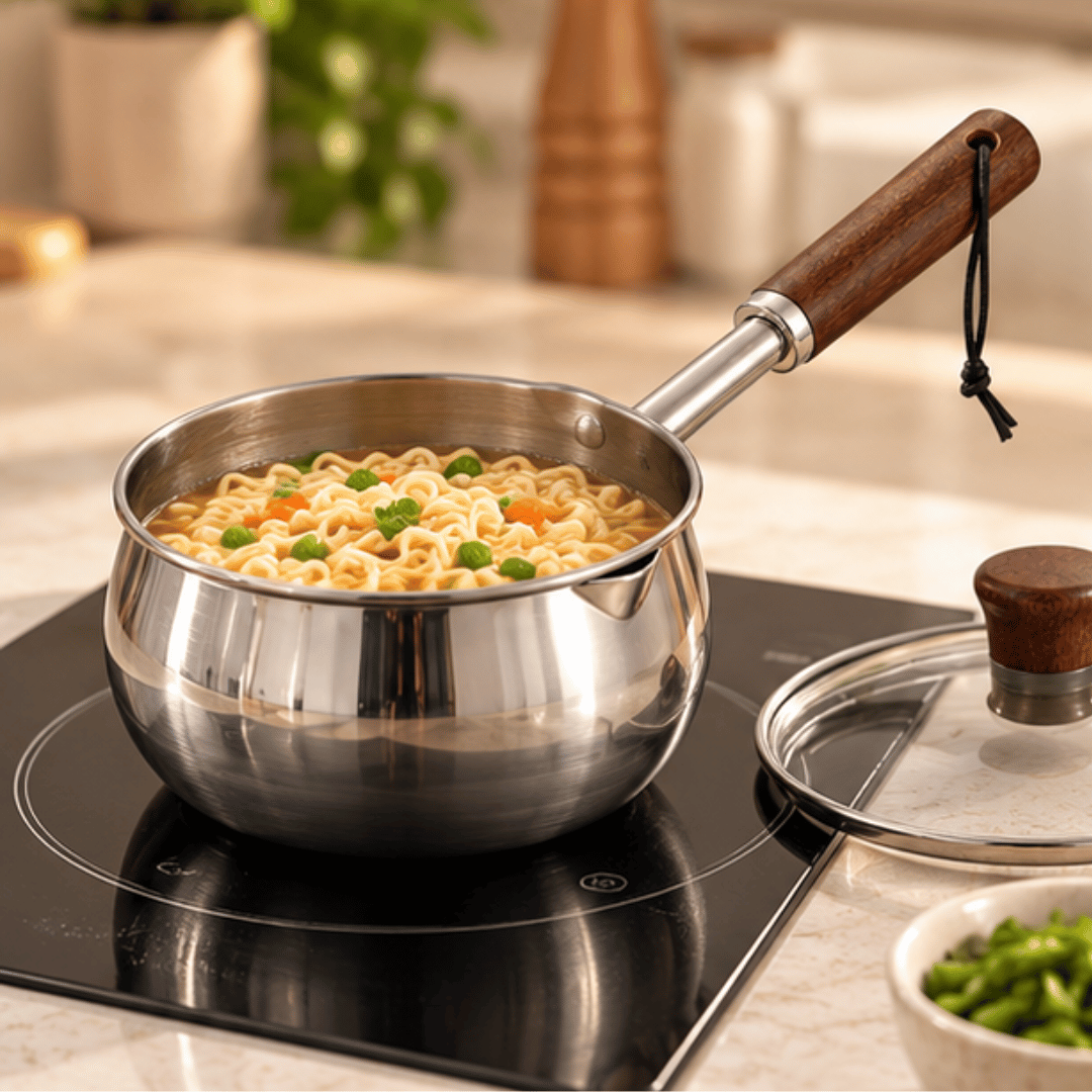 Premium Stainless Steel Small Milk Saucepan with Wooden Handle Glass Lid