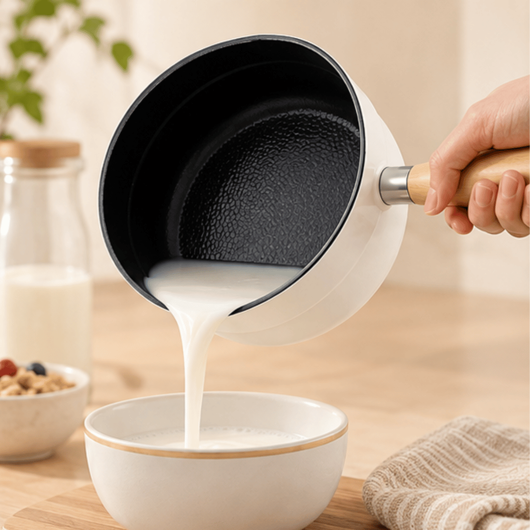 Premium White Enamel Milk Pot With Wooden Handle & Lid