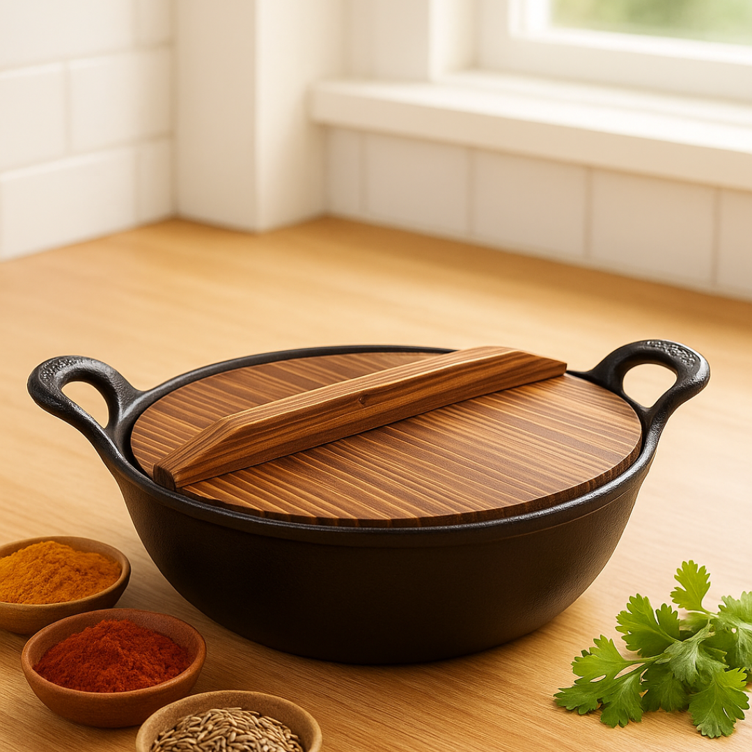 HOMERO Cast Iron Non Stick Kadai with Wooden Lid - 24cm Cooking Size