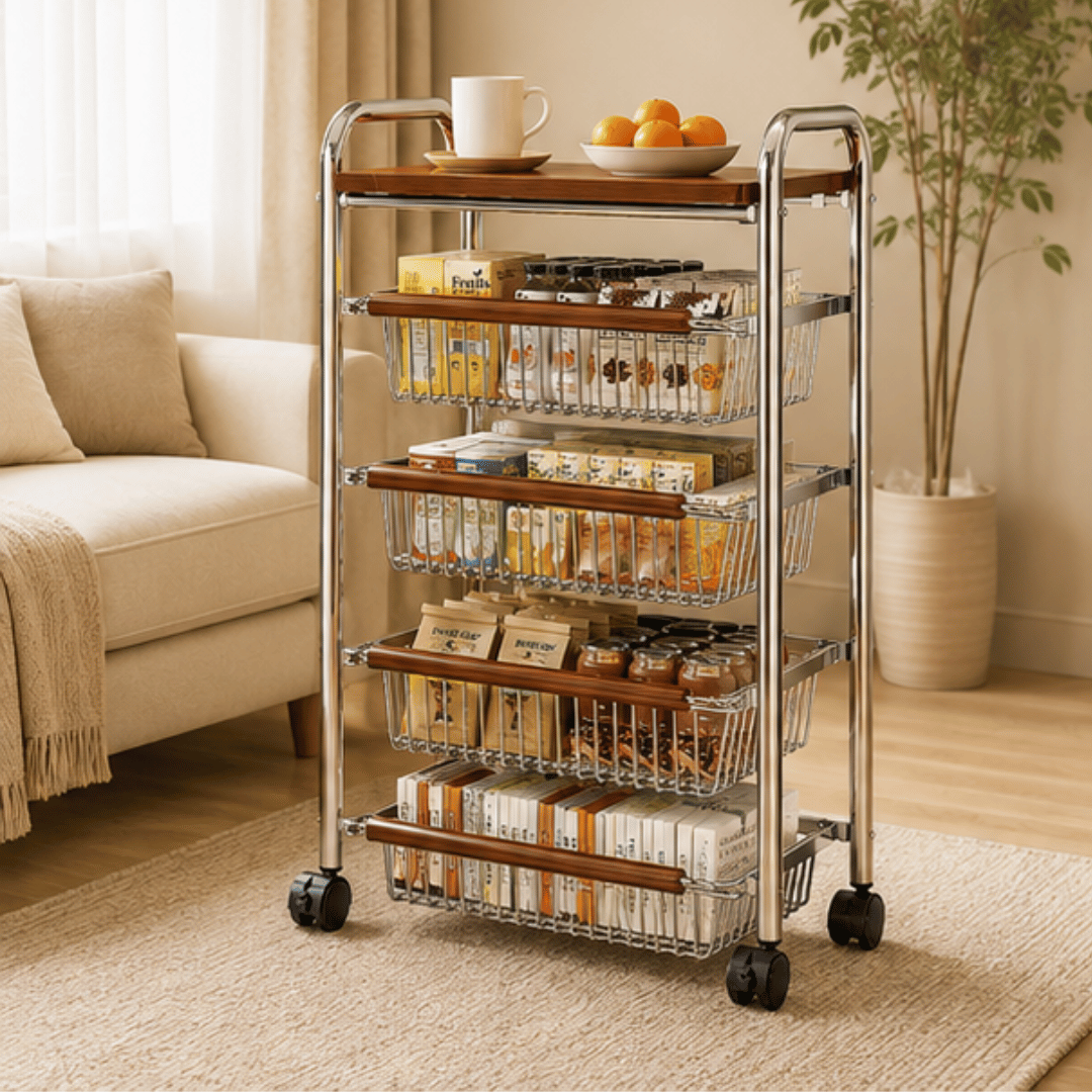 Vintage Multi Layer Storage Trolley with Pull Out Baskets and Detachable Tabletop