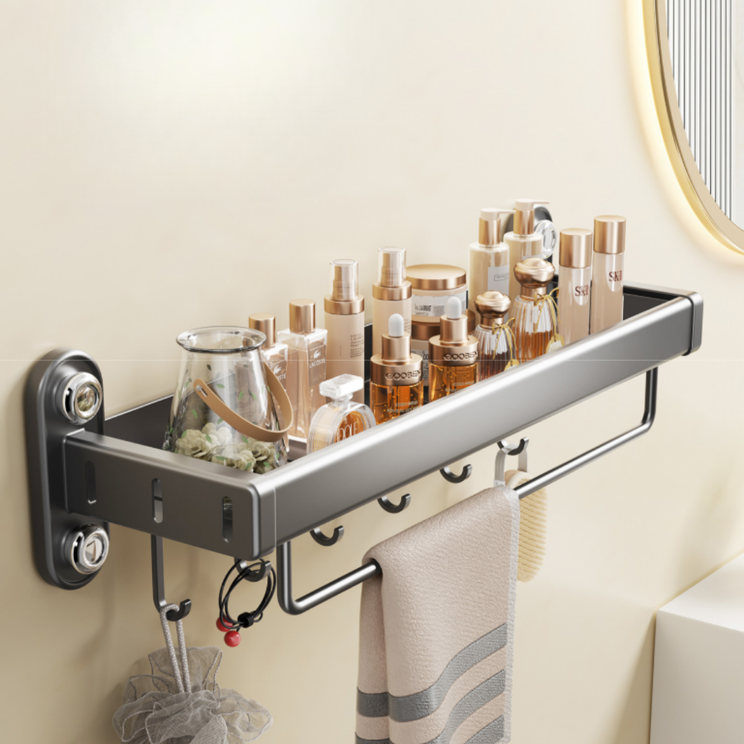Four Suction Cup Bathroom Storage Rack with Hooks - 50cm
