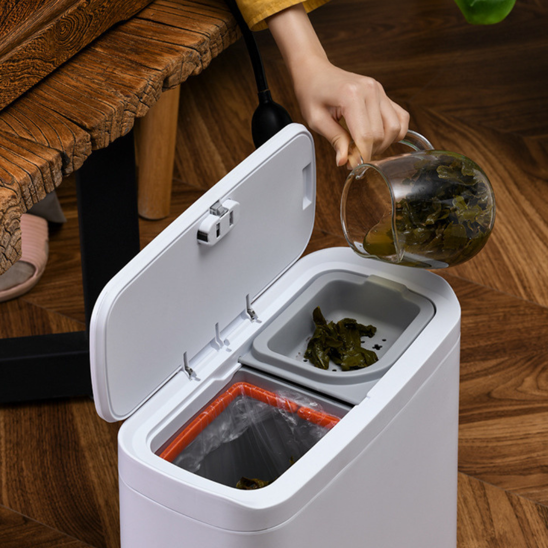 Dual Wet Dry Compartments Waste Bin with Pop Up Lid and Detachable Strainer