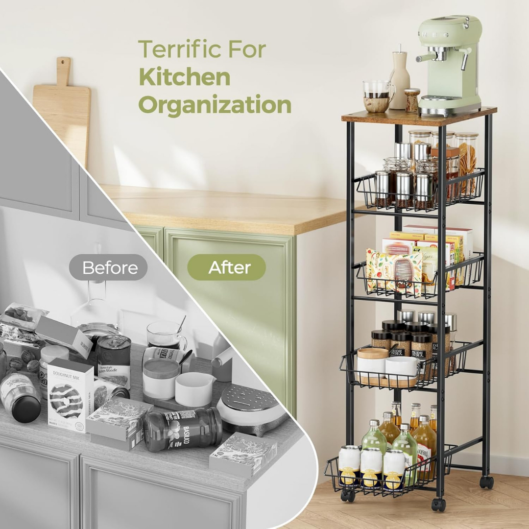 HOMERO 5 Tier Design Multipurpose Kitchen Storage Cart with Wood Top