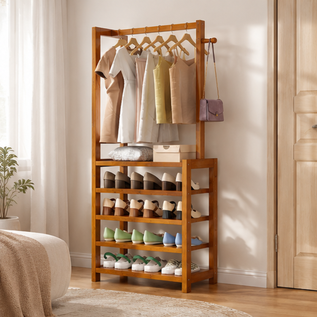 Multifunctional Bamboo Shoe Rack with Hanging Rail Side Hooks and Storage Shelves
