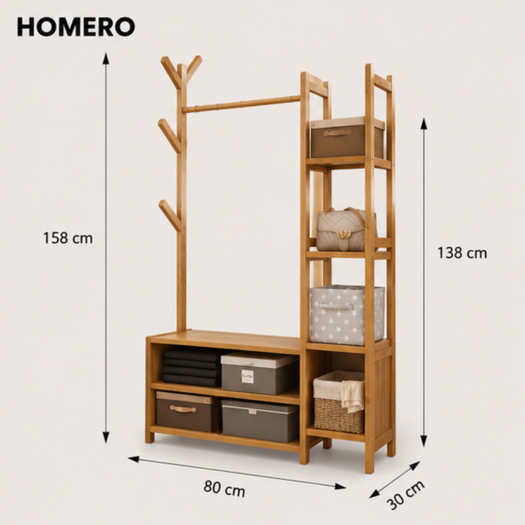 Multi Storage Bamboo Clothes Rack Open Wardrobe with Hanging Rail Shelves