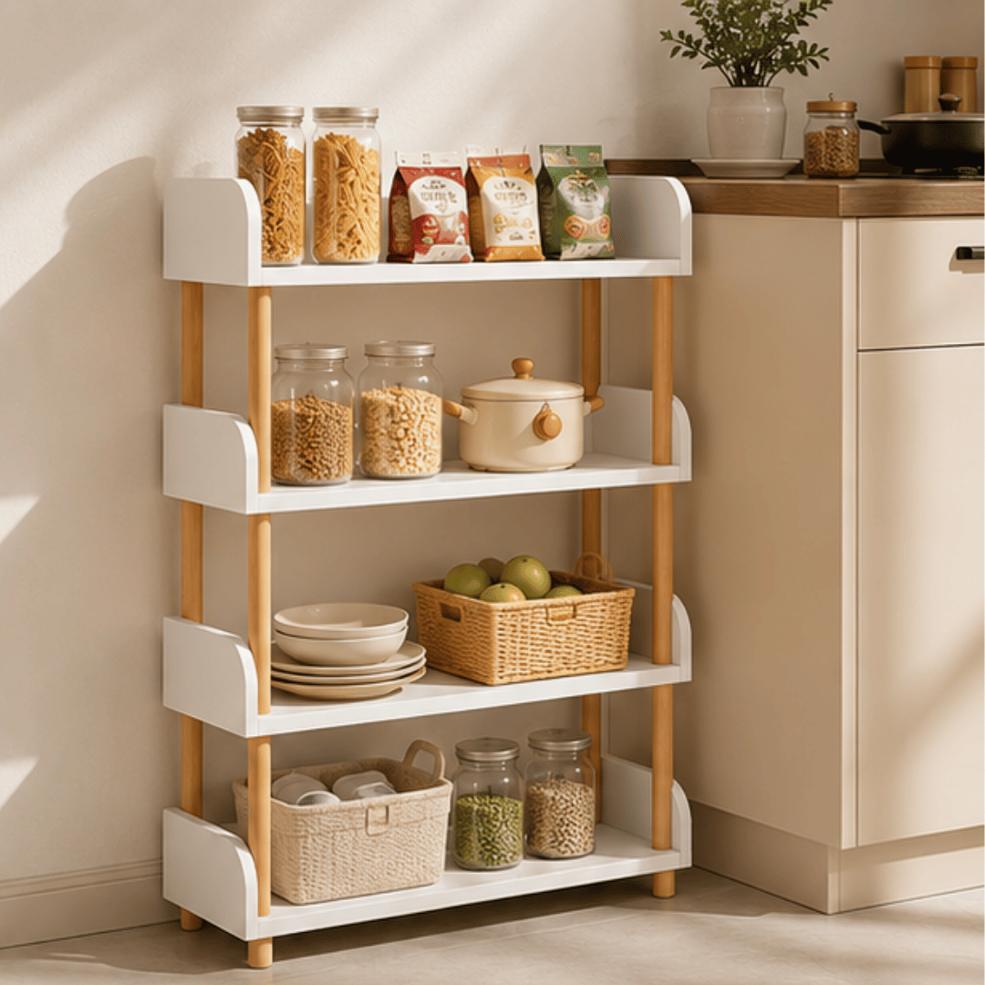 Elegant Floor Standing Display Shelf with Upright Storage and Beech Wood Legs