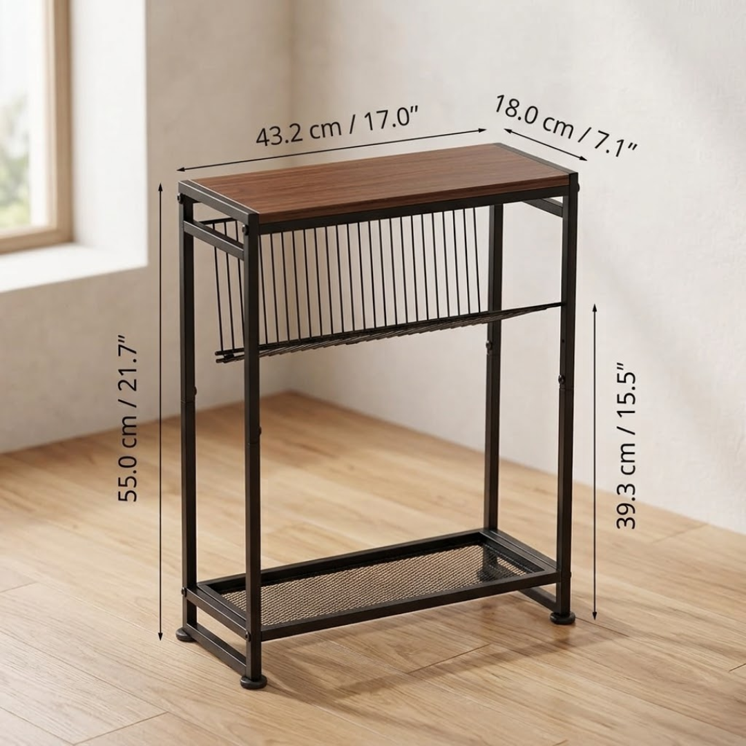 3-Tier Compact Bedside End Table with Magazine Holder and Metal Mesh Shelf