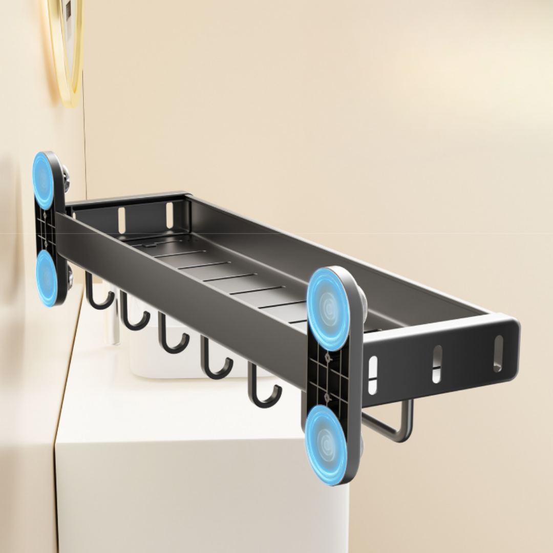 Four Suction Cup Bathroom Storage Rack with Hooks - 50cm
