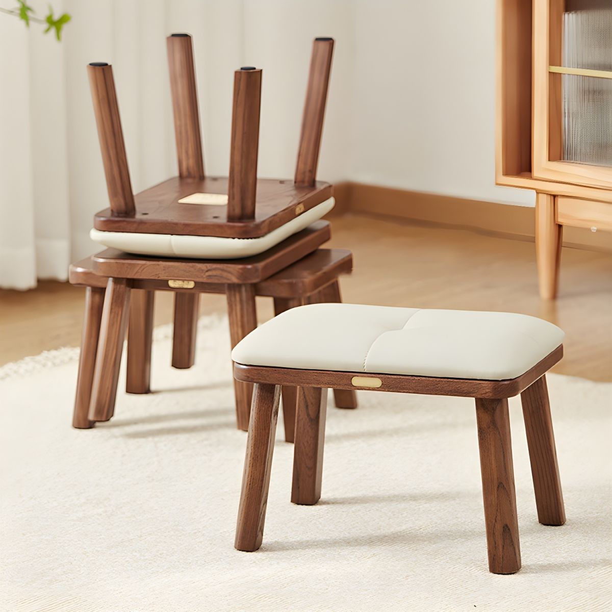 HOMERO Solid Wood Upholstered Accent Stool