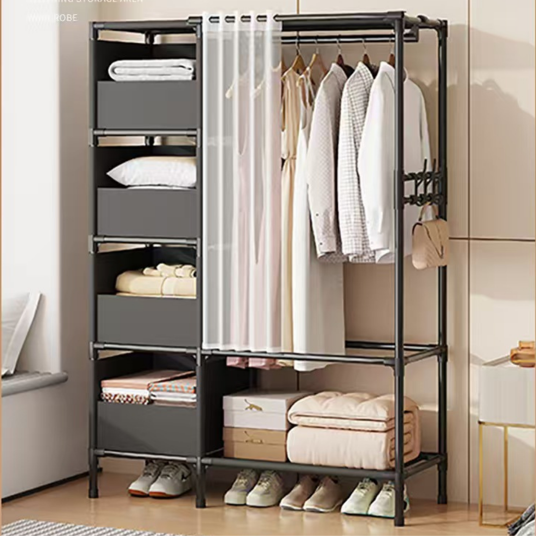 Portable Steel Wardrobe Closet with Curtain and Storage Shelves