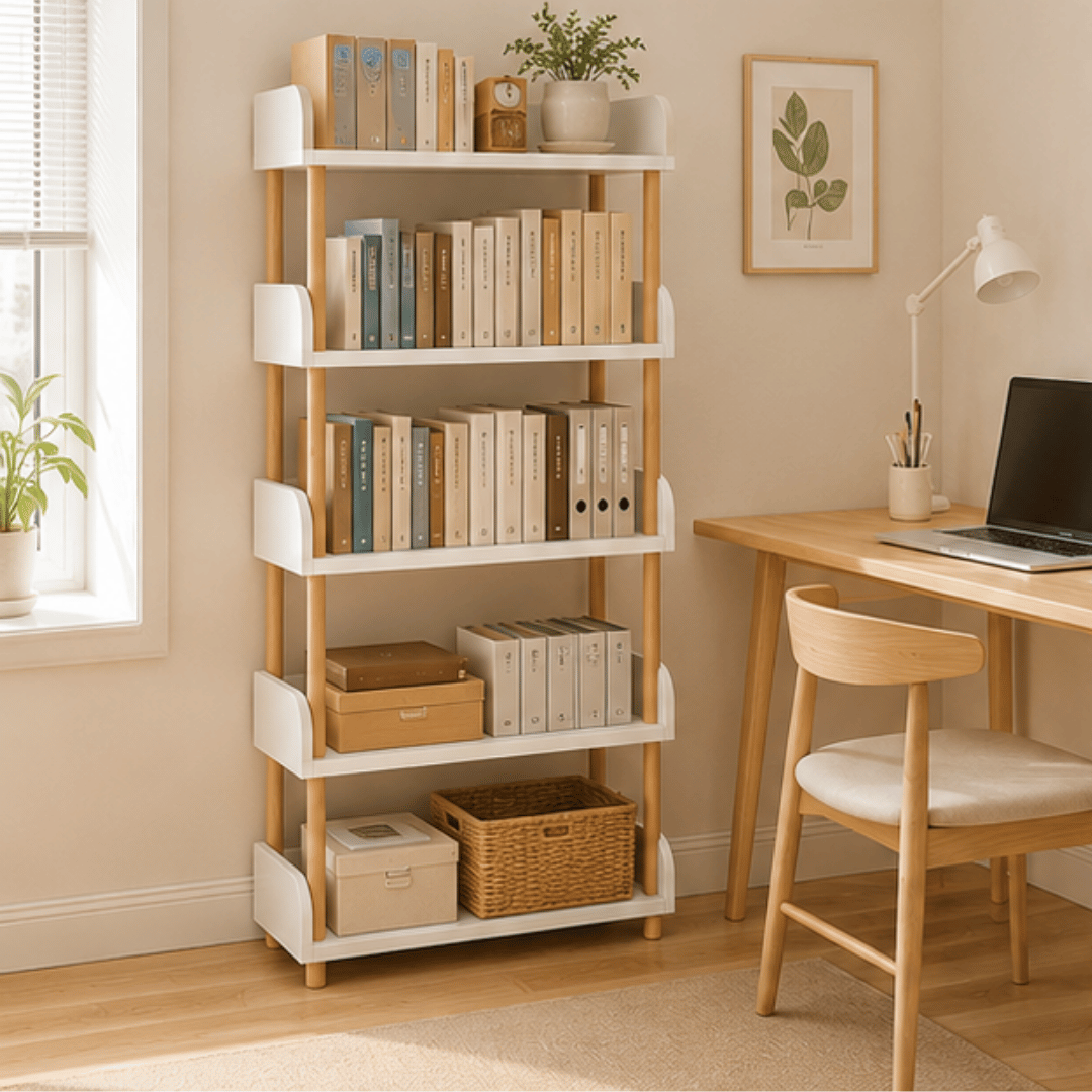 Elegant Floor Standing Display Shelf with Upright Storage and Beech Wood Legs