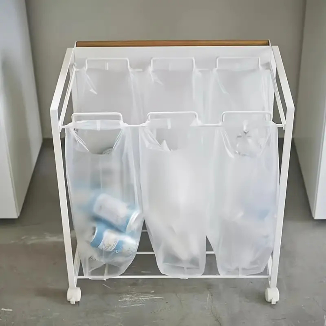 HOMERO Three-Compartment Metal Garbage Bag Holder Sleek Rolling Storage Rack