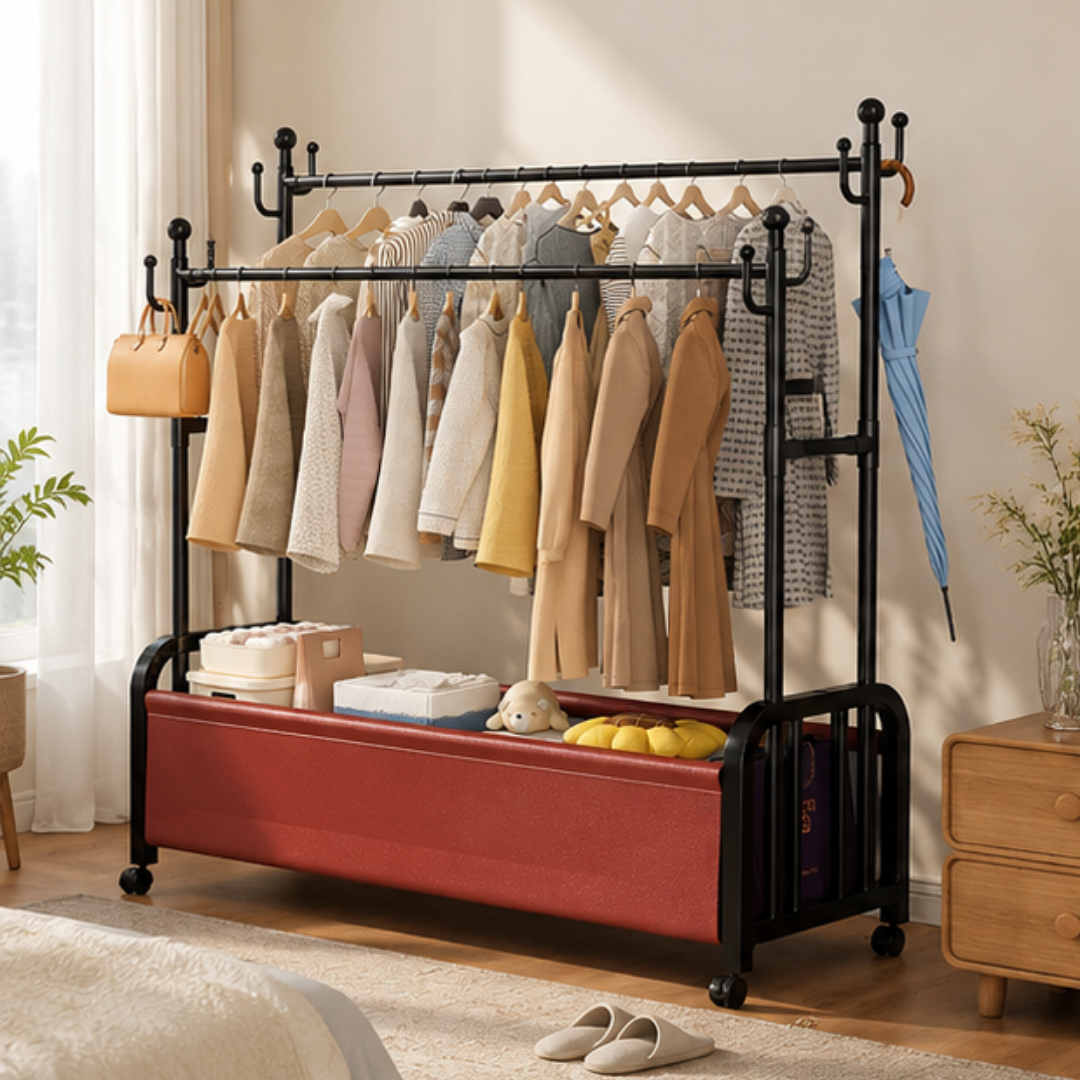 Multifunctional Tree Shaped Double Pole Garment Rack With Storage Basket