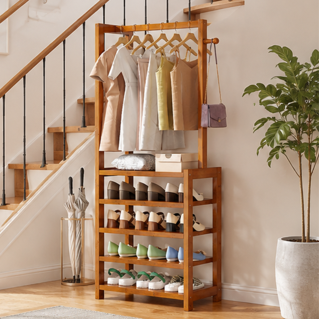 Multifunctional Bamboo Shoe Rack with Hanging Rail Side Hooks and Storage Shelves