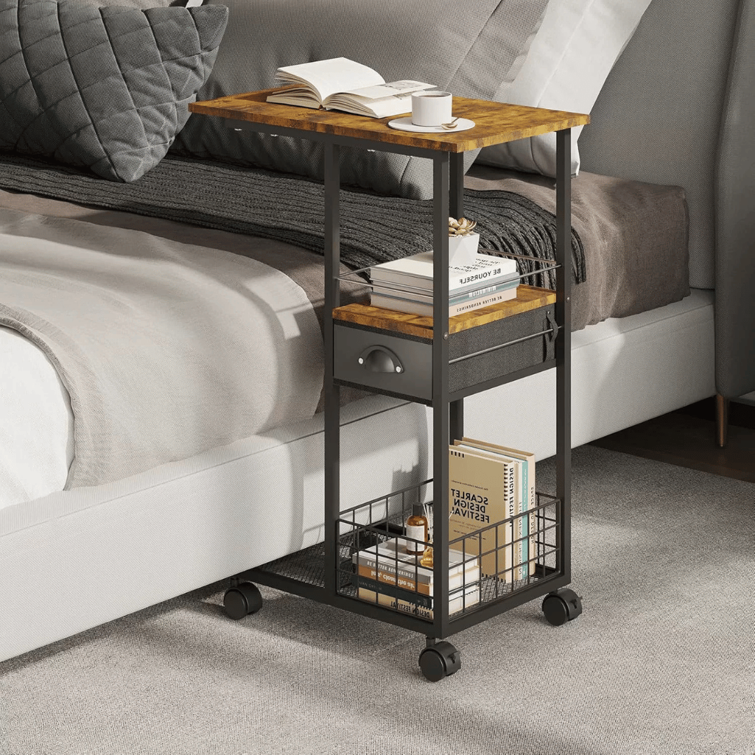 C Shaped Rolling Side Table with Drawer & Storage Basket