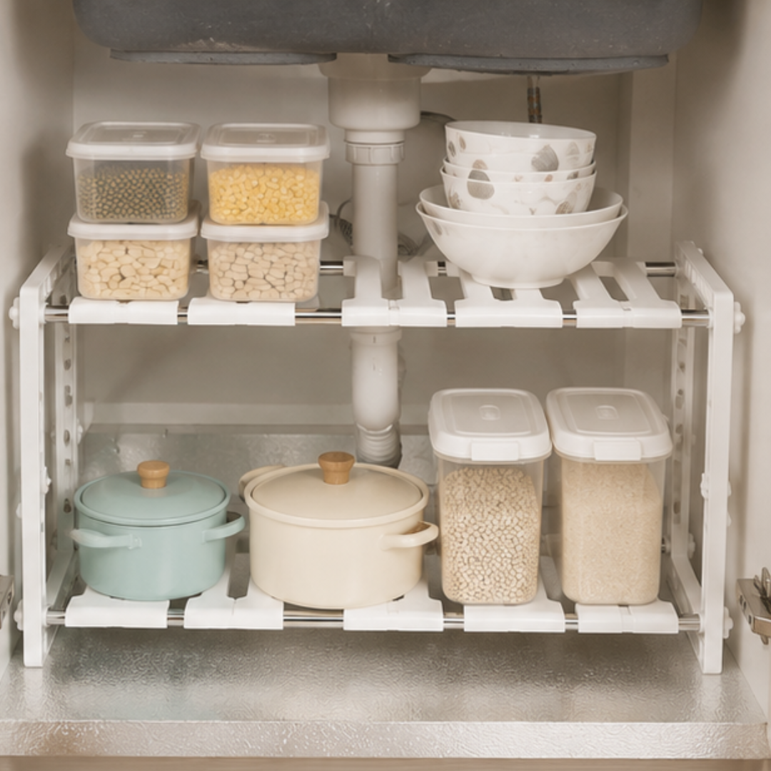Two Tier Adjustable Under Sink Storage Organizer