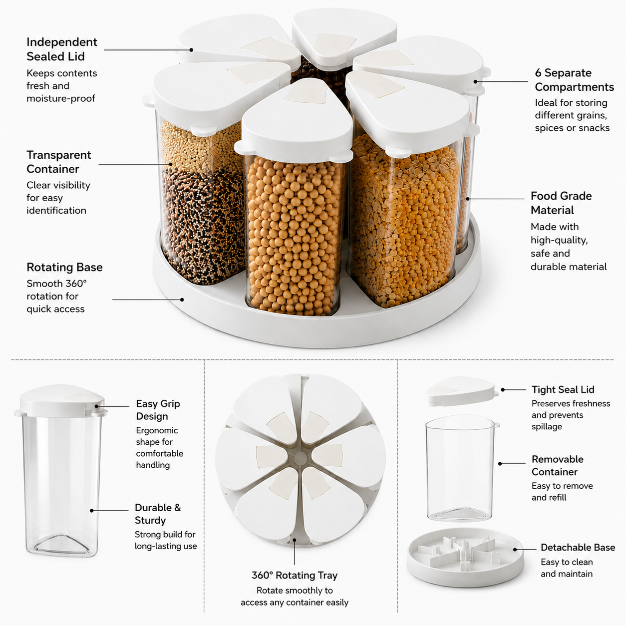 Homero 360 Degree Transparent Grain Storage Container with Rotating Base - 670ml Capacity