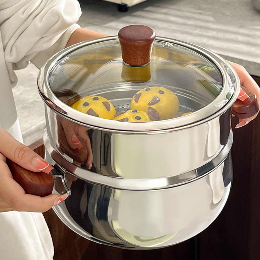 HOMERO Multi-Purpose Stainless Steel Steamer Pot Set with Wooden handle
