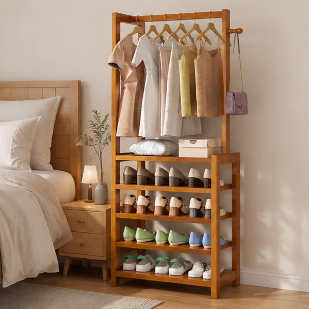 Multifunctional Bamboo Shoe Rack with Hanging Rail Side Hooks and Storage Shelves