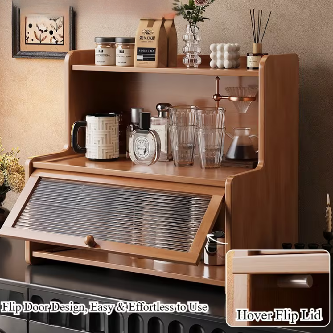 Bamboo Desktop Cup Holder Storage Rack with Acrylic Door