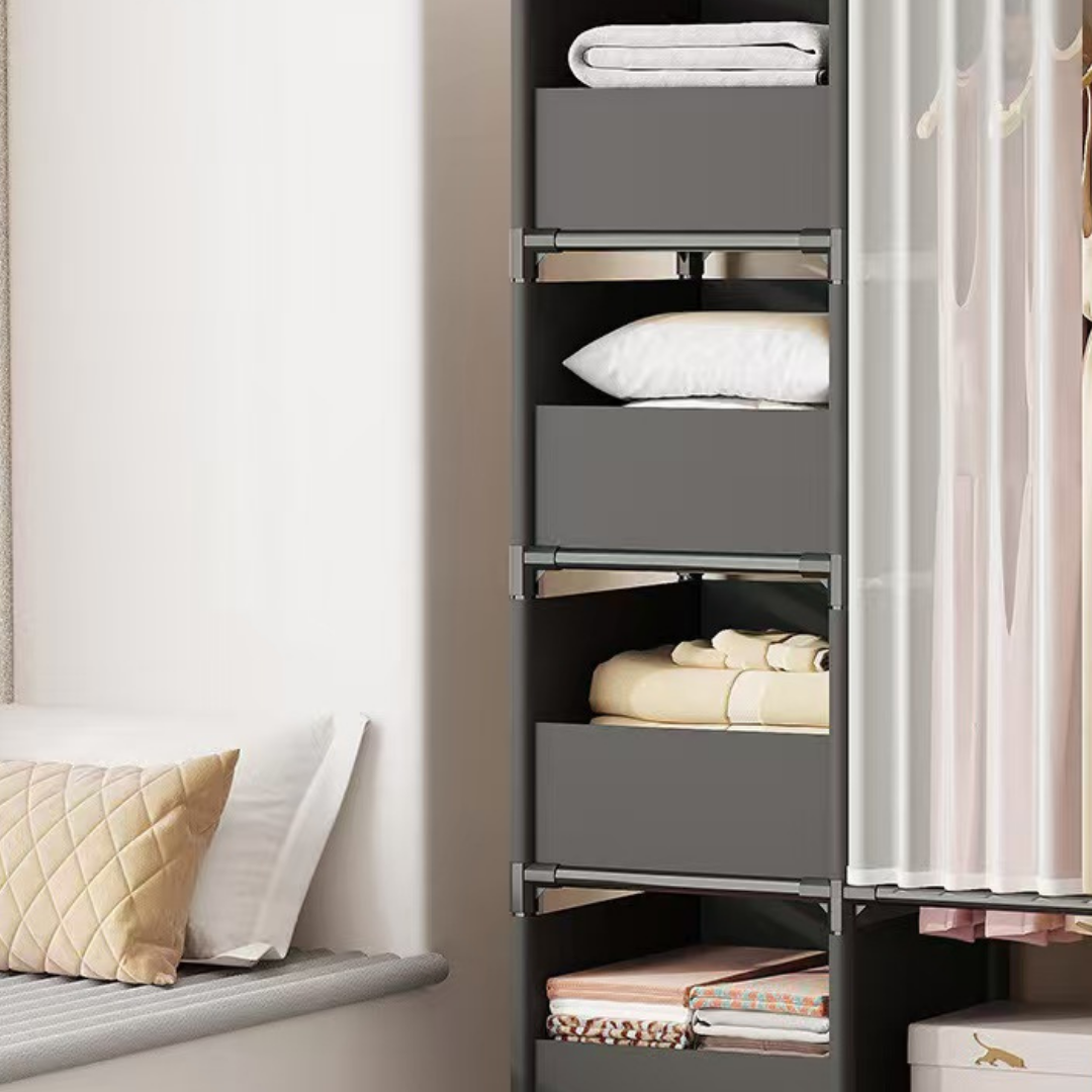 Portable Steel Wardrobe Closet with Curtain and Storage Shelves