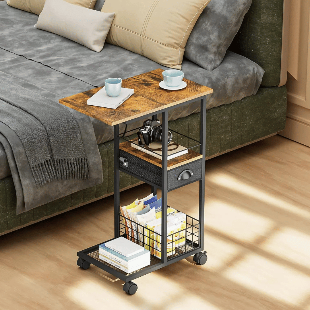 C Shaped Rolling Side Table with Drawer & Storage Basket